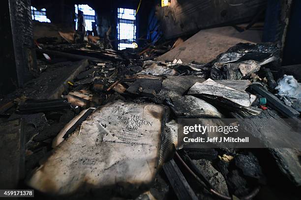 Forensic archaeologists begin sifting through the ashes of the fire damaged Mackintosh Library at the Glasgow School of Art on November 18, 2014 in...