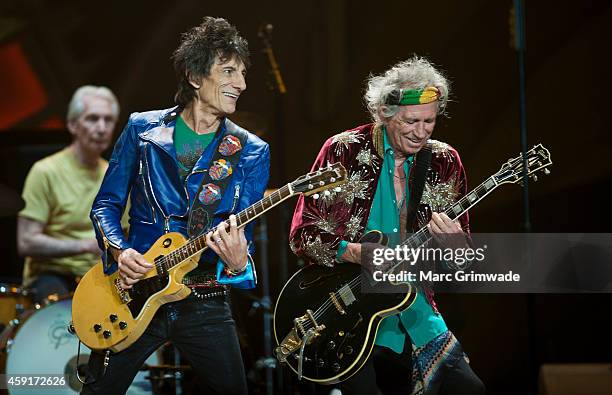 Ronnie Wood & Keith Richards of The Rolling Stones perform live at Brisbane Entertainment Centre on November 18, 2014 in Brisbane, Australia.