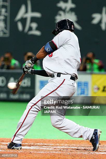 Eduardo Nunez of the Minnesota Twins hits an RBI in the sixth inning during the game five of Samurai Japan and MLB All Stars at Sapporo Dome on...