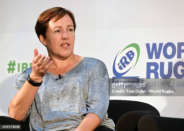 Anna Richards of Hong Kong Sports Institute talks during the iRB World Rugby via Getty Images Conference and Exhibition Day 2 at the London Hilton...