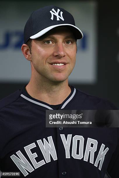Chris Capuano of the New York Yankees. Smiles during the game five of Samurai Japan and MLB All Stars at Sapporo Dome on November 18, 2014 in...