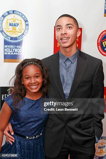 Skye Barrett and Ethan Scheid arrived at the 24th Annual NAACP Theatre Awards at Saban Theatre on November 17, 2014 in Beverly Hills, California.