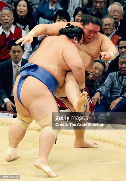 Ozeki Kotoshogiku pushes Goeido out of the ring to win during day ten of the Grand Sumo Kyushu Tournament at Fukuoka Convention Center on November...