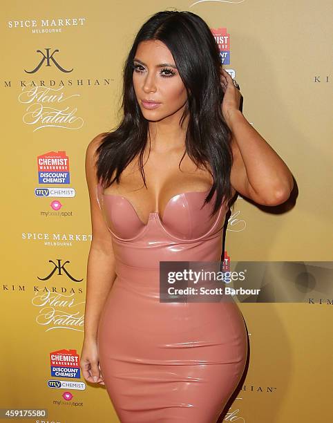 Kim Kardashian arrives to promote her new fragrance "Fleur Fatale" at a Spice Market event on November 18, 2014 in Melbourne, Australia.