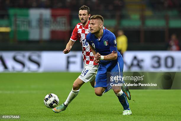 Ciro Immobile of Italy in action against Marcelo Brozovic of Croatia during the EURO 2016 Group H Qualifier match between Italy and Croatia at Stadio...