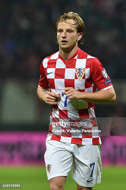Ivan Rakitic of Croatia looks on during the EURO 2016 Group H Qualifier match between Italy and Croatia at Stadio Giuseppe Meazza on November 16,...