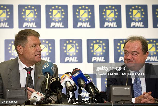 Romanian President elect Klaus Iohannis attends a press conference together with Vasile Blaga of National Liberal Party at the Parliament Palace in...