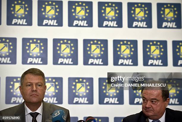 Romanian President elect Klaus Iohannis attends a press conference together with Vasile Blaga of National Liberal Party at the Parliament Palace in...