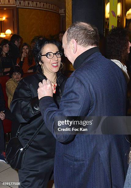 Prix Wepler President Marie Rose Guarnieri and a guest attend the 'Prix Wepler 2014' Litterary Awards Ceremony Cocktail at the Brasserie Wepler on...