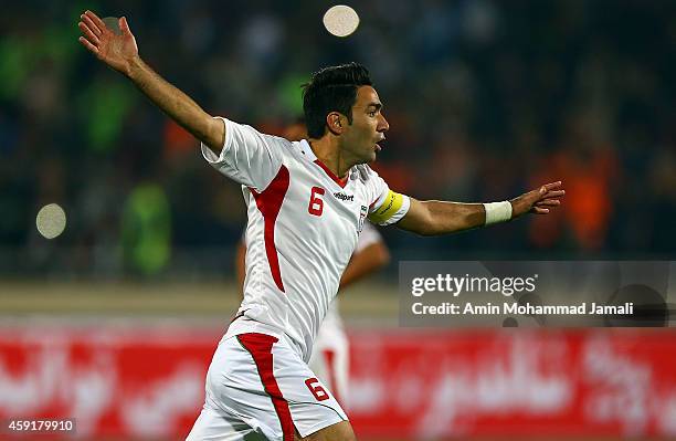 Javad Nekounam celebrates during Iran against South Korea in International Friendly match on November 18, 2014 in Tehran, Iran.