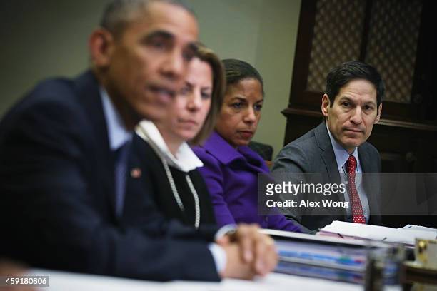 President Barack Obama speaks as White House Homeland Security Adviser Lisa Monaco, National Security Adviser Susan Rice, Director of Centers for...