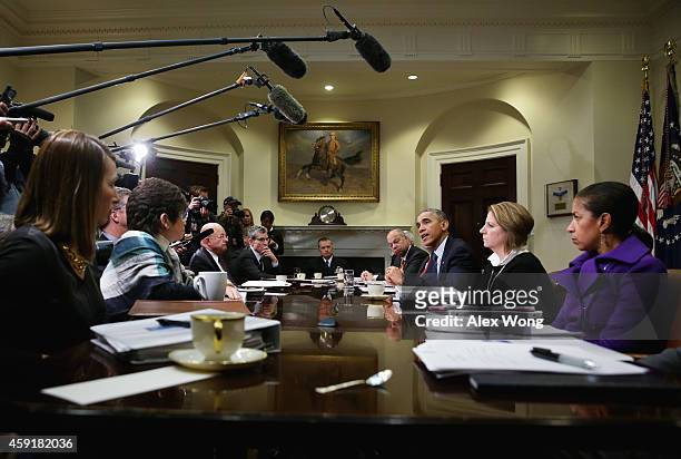 President Barack Obama speaks as Secretary of Homeland Security Jeh Johnson , White House Homeland Security Adviser Lisa Monaco , National Security...