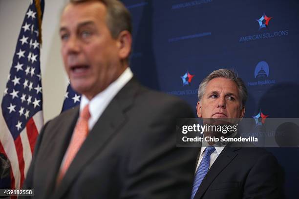 Speaker of the House John Boehner and Majority Leader Kevin McCarthy hold a news conference after the weekly House Republican caucus meeting at the...