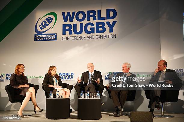 Susan Ahern of the iRB, Fiona Coughlan of Ireland, Ronnie Flanagan of the ICC and Craig Reedie of WADA during the Integrity session during day 2 of...