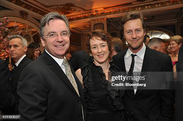 James Houghton, founding artistic director of the Signature Theatre Company, left, actress Joyce O'Connor, center, and actor Edward Norton attend the...