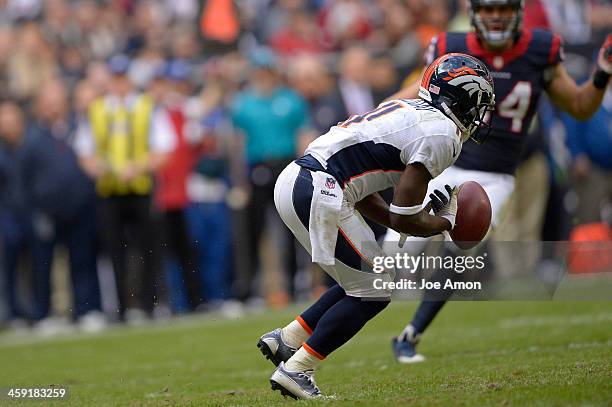 December 22: Wide receiver Trindon Holliday of the Denver Broncos fumbles a punt against the Houston Texans at Reliant Stadium December 22, 2013...