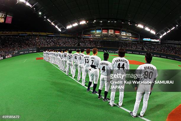 Samurai Japan team line up during the game five of Samurai Japan and MLB All Stars at Sapporo Dome on November 18, 2014 in Sapporo, Hokkaido, Japan.