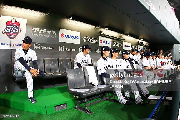 Samurai Japan team line up during the game five of Samurai Japan and MLB All Stars at Sapporo Dome on November 18, 2014 in Sapporo, Hokkaido, Japan.