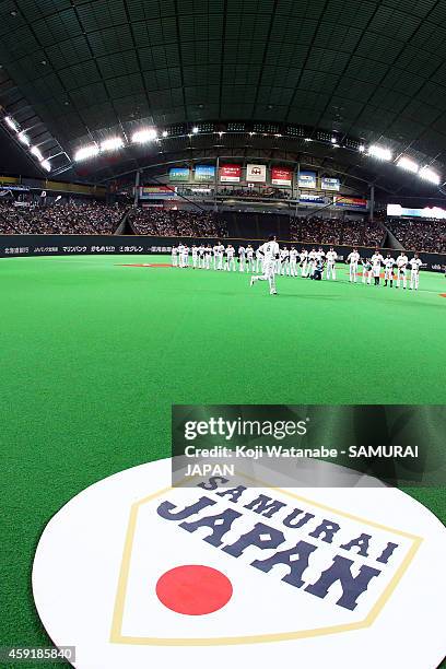 Samurai Japan team line up during the game five of Samurai Japan and MLB All Stars at Sapporo Dome on November 18, 2014 in Sapporo, Hokkaido, Japan.