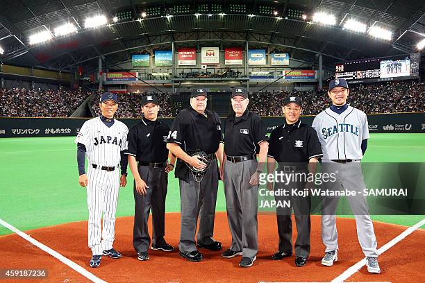 Head Coach Hiroki Kokubo of Samurai Japan and Hisashi Iwakuma of the Seattle Mariners poses during the game five of Samurai Japan and MLB All Stars...