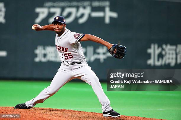 Jose Veras of the Houston Astros pitches in the eighth inning during the game five of Samurai Japan and MLB All Stars at Sapporo Dome on November 18,...