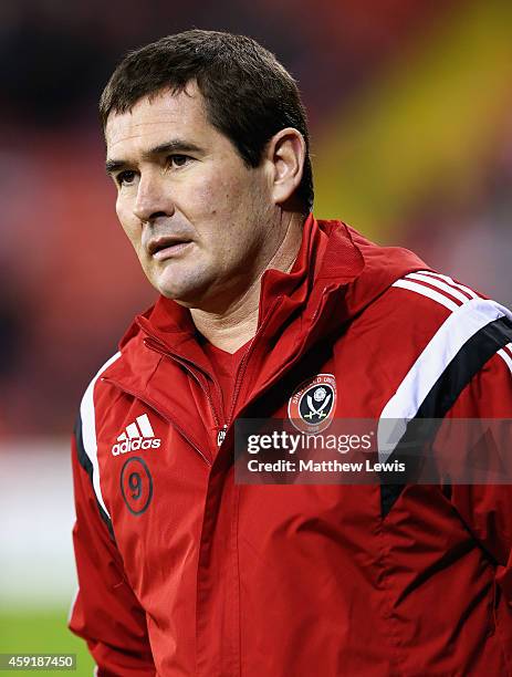 Nigel Clough, manager of Sheffield United looks on during the FA Cup First Round Replay match between Sheffield United and Cewe Alexandra at Bramell...