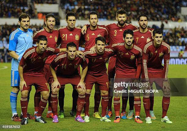 Spain's goalkeeper Iker Casillas, Spain's defender Sergio Ramos, Spain's midfielder Bruno, Spain's midfielder Sergio Busquets, Spain's defender...