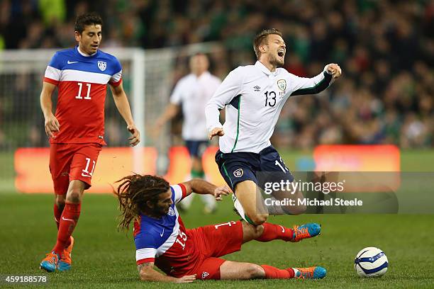 Anthony Pilkington of Ireland is fouled by Kyle Beckerman of USA during the International Friendly match between the Republic of Ireland and USA at...