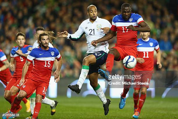 David McGoldrick of Ireland challenges Jozy Altidore of USA during the International Friendly match between the Republic of Ireland and USA at the...