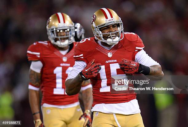 Michael Crabtree of the San Francisco 49ers celebrates after gaining twenty-two yards on a pass play against the Atlanta Falcons during the third...