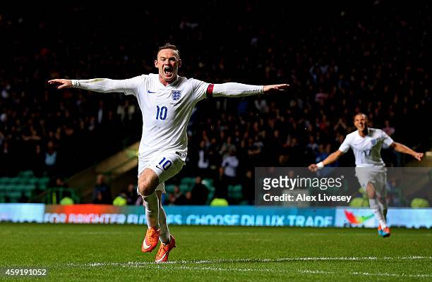 Wayne Rooney of England scores his team's third goal during the International Friendly match between Scotland and England at Celtic Park Stadium on...