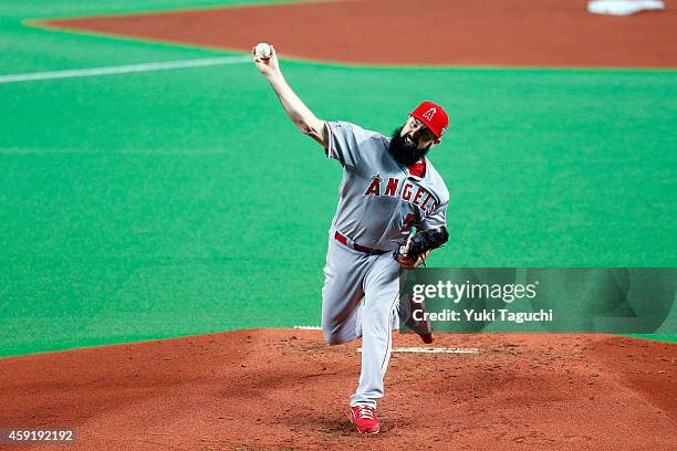 Matt Shoemaker of the Los Angeles Angels pitches in the first inning during the game against the Samurai Japan at the Sapporo Dome during the Japan...