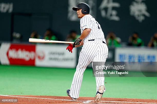 Sho Nakata of the Samurai Japan bats during the game against the MLB All-Stars at the Sapporo Dome during the Japan All-Star Series on November 18,...