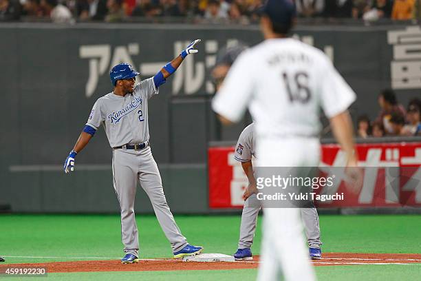Alcides Escobar of the Kansas City Royals reacts to hitting a single in the third inning during the game against the Samurai Japan at the Sapporo...