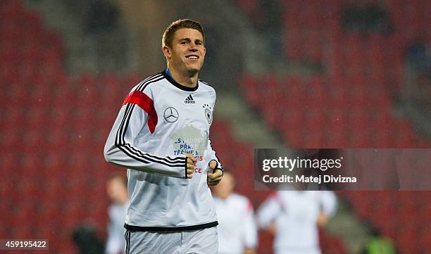 Dominique Heintz of Germany warms up before the international friendly match between U21 Czech Republic and U21 Germany on November 18, 2014 in...