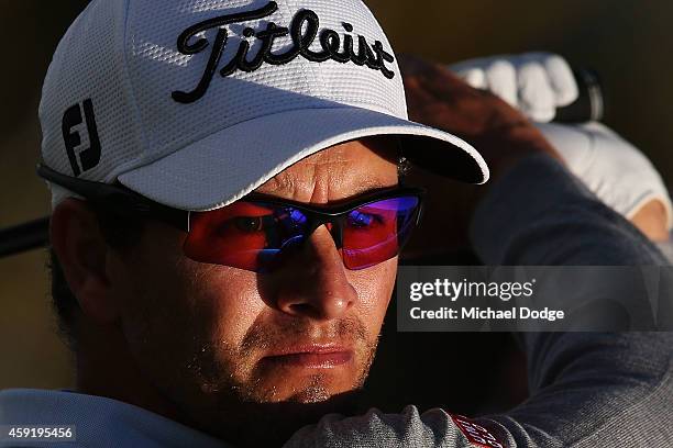 Adam Scott of Australia tees off during the Pro-Am ahead of the 2014 Australian Masters at The Metropolitan Golf Course on November 19, 2014 in...