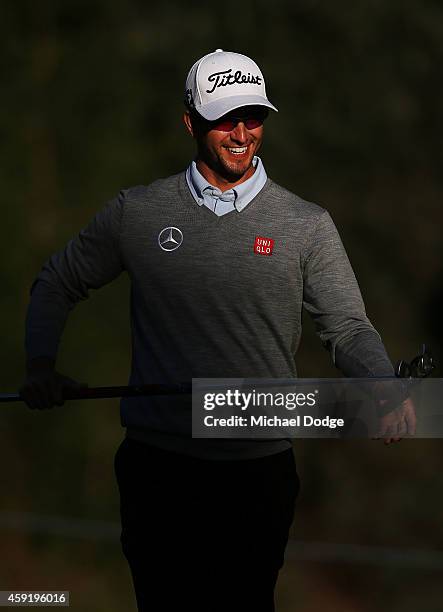 Adam Scott of Australia reacts after a putt during the Pro-Am ahead of the 2014 Australian Masters at The Metropolitan Golf Course on November 19,...