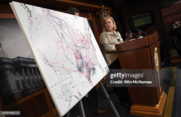 Sen. Mary Landrieu speaks after the Senate voted on the Keystone XL Pipeline Bill at the U.S. Capitol on November 18, 2014 in Washington, DC. The...