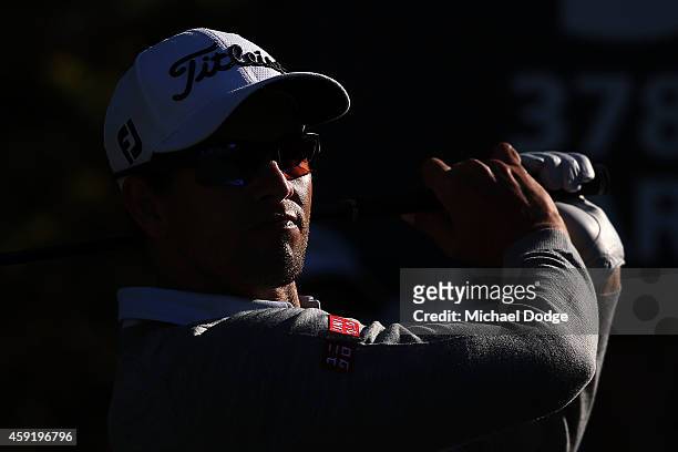 Adam Scott of Australia hits a tee shot during the Pro-Am ahead of the 2014 Australian Masters at The Metropolitan Golf Course on November 19, 2014...