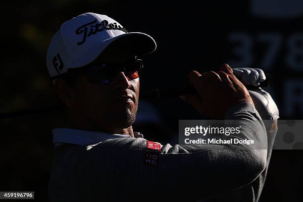 Adam Scott of Australia hits a tee shot during the Pro-Am ahead of the 2014 Australian Masters at The Metropolitan Golf Course on November 19, 2014...