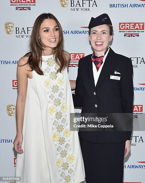 Actress Keira Knightley and British Airways employee Victoria Long pose for a picture at BAFTA New York Presents: In Conversation With Keira...