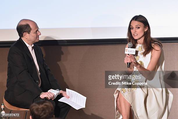 Moderator Brian Rose interviews actress Keira Knightley at BAFTA New York Presents: In Conversation With Keira Knightley at The Standard Highline on...