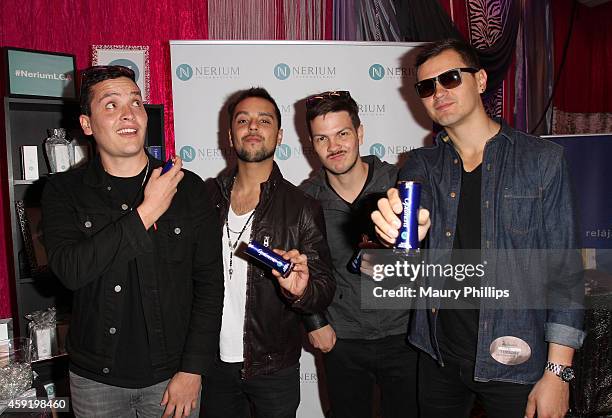 Musicians Diego Pulecio, Jaime Medina, Carlos Leongomez and Jaime Valderrama of Don Tetto attend the gift lounge during the 15th annual Latin GRAMMY...