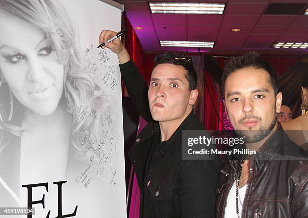 Musicians Diego Pulecio and Jaime Medina of Don Tetto attend the gift lounge during the 15th annual Latin GRAMMY Awards at the MGM Grand Garden Arena...