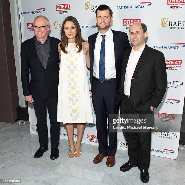 New York Chairman Charles Tremayne, actress Keira Knightley, Luke Parker Bowles and moderator Brian Rose attend BAFTA New York Presents: In...