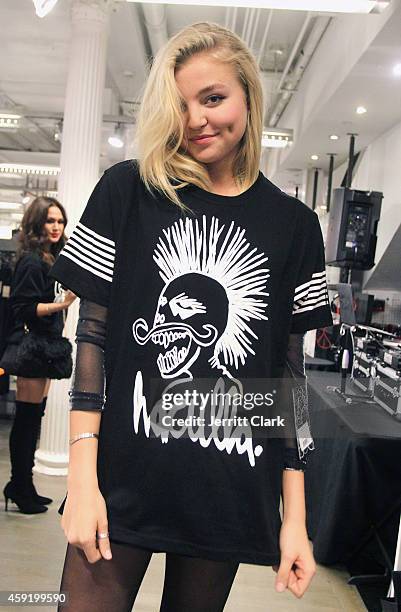 Model Rachel Hilbert attends Haculla Winter 2014 collection launch and live installation by Harif Guzman at Bloomingdale's Soho on November 6, 2014...