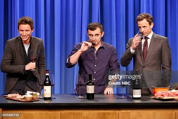 Episode 0129 -- Pictured: Gary Vaynerchuk with Eddie Redmayne and host Sethe Meyers during a wine tasting segment on November 18, 2014 --