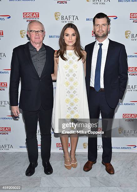 New York Chairman Charles Tremayne, actress Keira Knightley, and British Consul General Luke Parker Bowles pose for a picture at BAFTA New York...