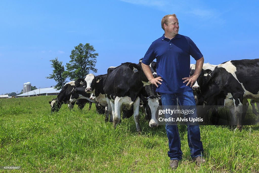Dairy farmer with holstein dairy herd