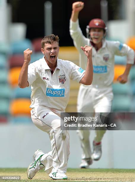 Cameron Boyce of Queensland celebrates after taking the wicket of Nathan Lyon of New South Wales during day four of the Sheffield Shield match...